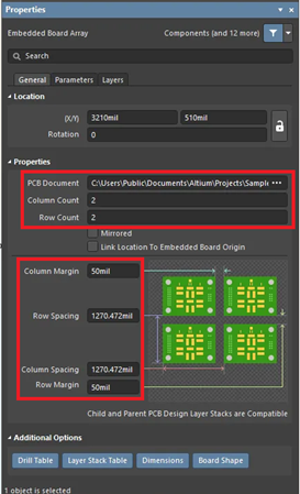 thông số mảng bảng mạch nhúng trong Altium Designer