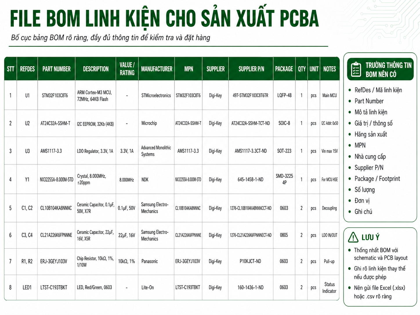 File bom cho gia công PCBA